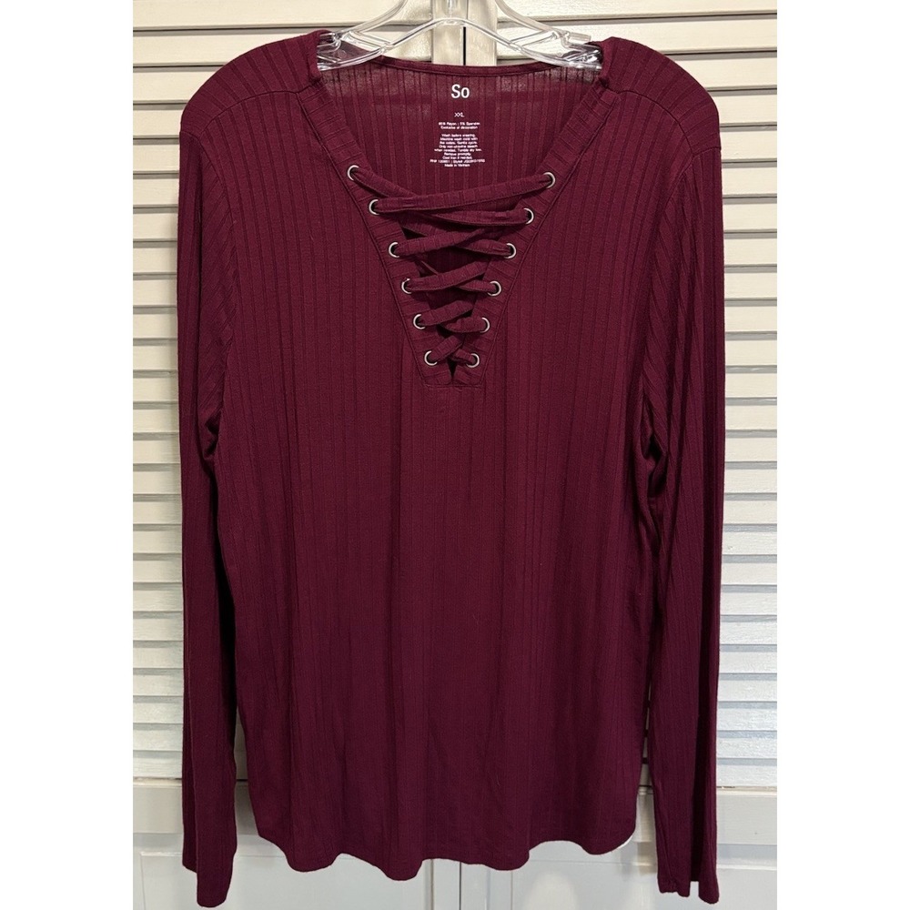 SO Burgundy Deep V Lace Up Neck Long Sleeve Blouse Size XXL Ribbed Soft